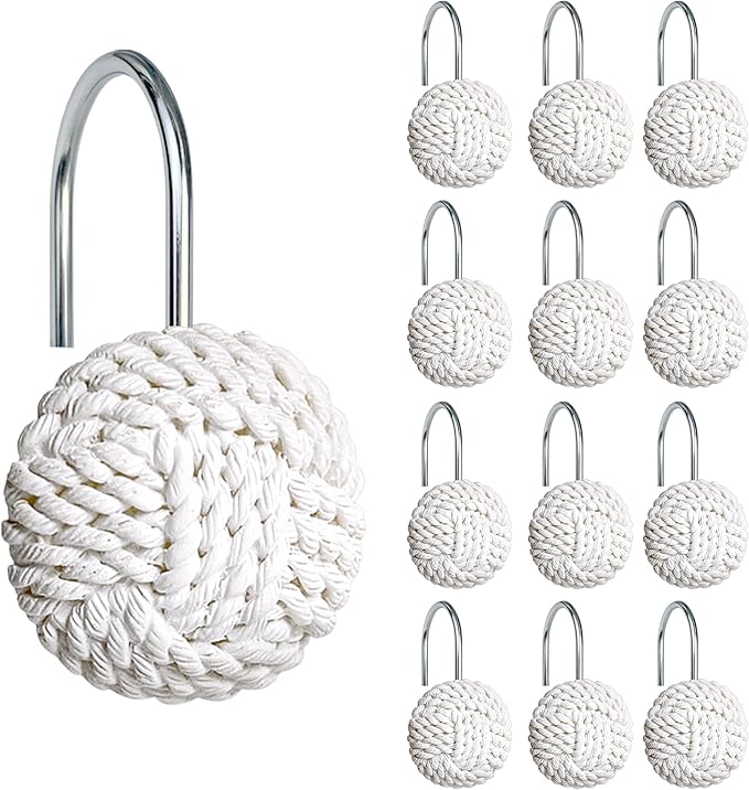 Sunlit Boho Knots Shower Curtain Hooks, Home Decorative White Shower Curtain Rings for Bathroom, Seaside Nautical Shower Curtain Hangers Bathroom Accessories, Set of 12