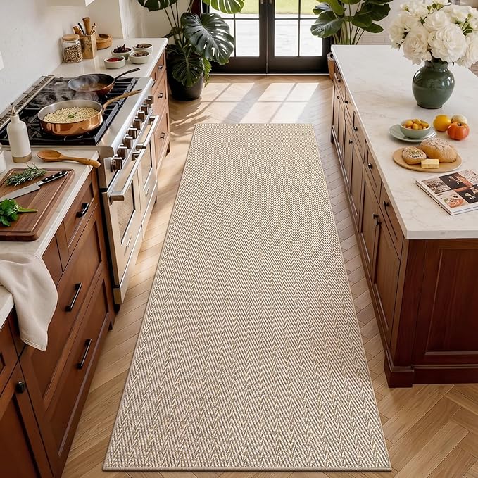 LUMI Ultra Thin Runner Rug for Hallway 2'x8', Non-Slip Entryway Rug with Rubber Backing, Unique Herringbone Design for Hallway, Entry, Kitchen, Patio, Beige