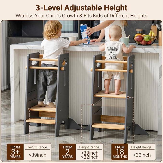 COSYLAND Adjustable Toddler Standing Tower (NO Backing Board) - Stable Toddler Step Stool with 4 Stabilizing Blocks - 3 Levels Height Adjustable Kids Kitchen Stool Helper (Natural & Light Gray)