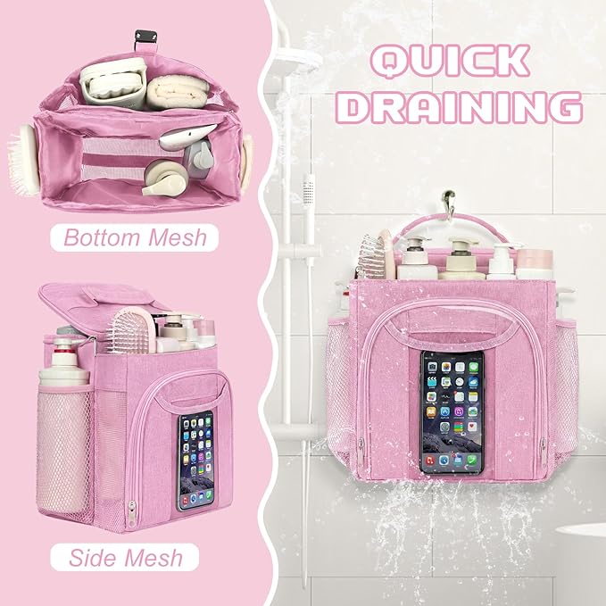Attmu Shower Caddy Portable, Hanging Shower Bag for Dorm Room College, Large Capacity Quick Dry Mesh Tote Bag for Travel Camping Essentials (Light Pink)
