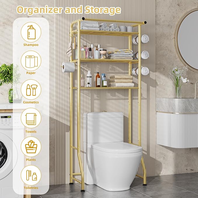 Simple Trending 3 Tier Over The Toilet Rack, Shelf Bathroom, Bathroom Stand Organizer Space Saver, Gold