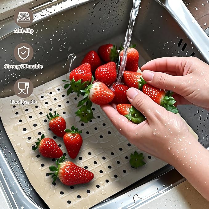 WILLKOMMEN Kitchen Sink Mat, 12" x 10" Rectangular Sink Protector Pad, Fast-Draining Grid Design Liner, Dish Drying Mat 2 Pack Beige