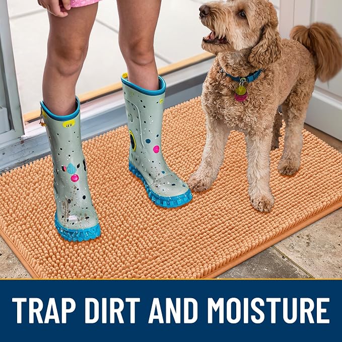 Smiry Dog Door Mat for Muddy Paws 71x46, Absorbent Dirt Trapper, Non-Slip Washable Chenille Entryway Rug for Inside Floor, Orange, Classic Solid