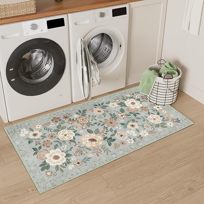 DUKINO 2x4 Rug for Entryway, Washable Kitchen Floral Runner Rug with Non Slip Backing, Low Pile Soft Boho Carpet for Kitchen, Hallway, Entryway, Laundry, Bedroom, Sage Green