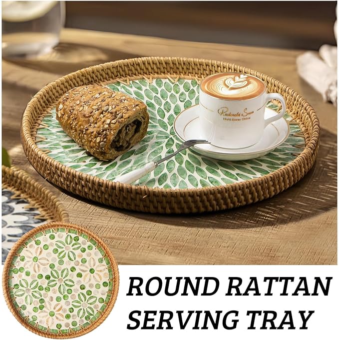 Round Rattan Tray with Mother of Pearl Inlay, Decorative Wicker Serving Tray with Wooden Base, Woven Basket Trays for Bread Fruits Coffee, Starfruit