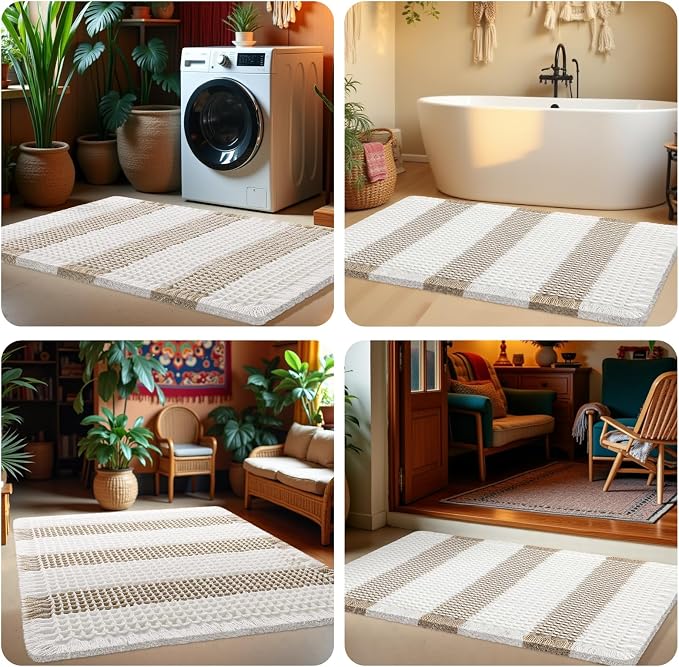 Upgrade Waffle Bath Mat, Boho Bathroom Rugs Absorbent Non Slip, Ultra Soft Bathroom Mat, Machine Washable Knit Bath Rugs with Stripe for Bathroom, Bedroom, Kitchen, Shower,Tub, 24"x17", Beige & White