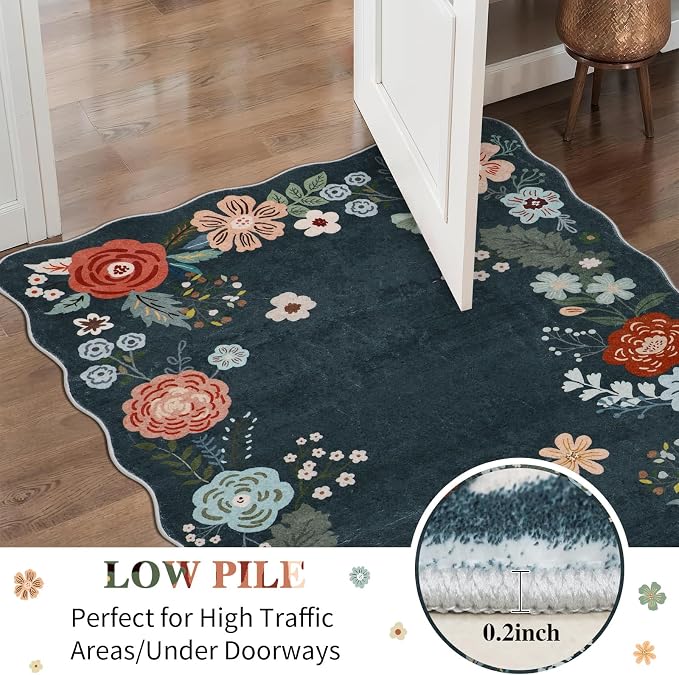 Bedroom Rug Runner, 3x10 Green Runners for Hallways Non Slip Rubber, Machine Washable Rugs Runner Floral Faux Wool for Kitchen, Living Room, Entryway, Bedroom, Bathroom, Dark Green