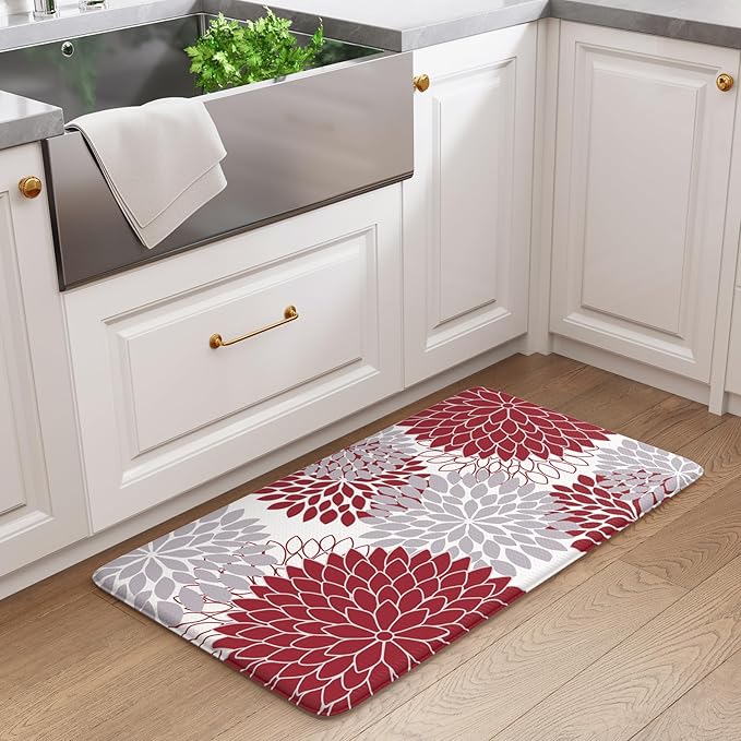 KIMODE Anti Fatigue Kitchen Mat 17.3"x29", Farmhouse Dahlia Padded Kitchen Floor Mats Non Slip, Waterproof Kitchen Mat for Floor, Comfort Standing for Laundry, Office, Sink, Desk Red and Grey