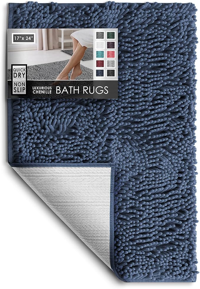 Hearth & Harbor Bathroom Rugs, Chenille Bath Mat - Machine Washable Bath Mats for Bathroom Non-Slip Backing Rubber, Quick Dry Bathroom Mat