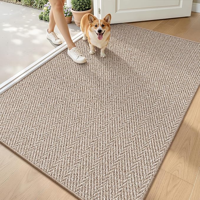 LUMI Ultra Thin Indoor Door Mat for Entrance 48"x72", Non Slip Entryway Mat, Low Profile Doormat, Unique Herringbone Design Carpet for Inside, Patio, Porch, Deep Beige