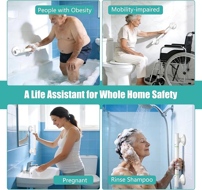 Suction Grab Bars for Shower 2Packs - 17.7" No Drill Safety Shower Handle for Seniors, Elderly & Post-Surgery, Non-Slip Bathroom Assist Bar with Strong Suction, Bath Accessory