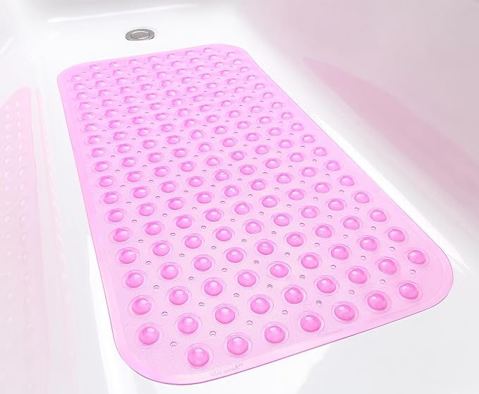 Large Non-Slip Bathtub & Shower Mat 31”x16” (Smooth/Non-Textured Tubs Only) Safe, Clean, Machine-Washable, Superior Grip&Drainage, Vinyl, Transparent Pink