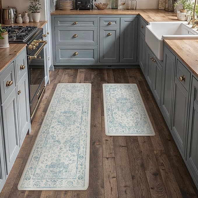 Anti Fatigue Kitchen Mats 2PCS Blue Neutral Mats for Cushioned Vintage Kitchen Matss for Floor Non-Slip Waterproof Comfort Standing Rug for Sink Laundry Office 17.3"×47"+17.3"×30"