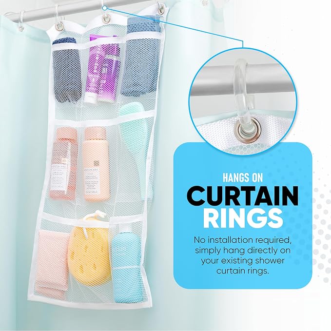 Handy Laundry Shower Curtain Bathroom Organizer -9 Pockets- Perfect for Organizing Home Bath, Your Toiletries and kid's Toys in Nine Durable Deep Mesh Pockets. Hang on Existing Shower Curtain Rings.