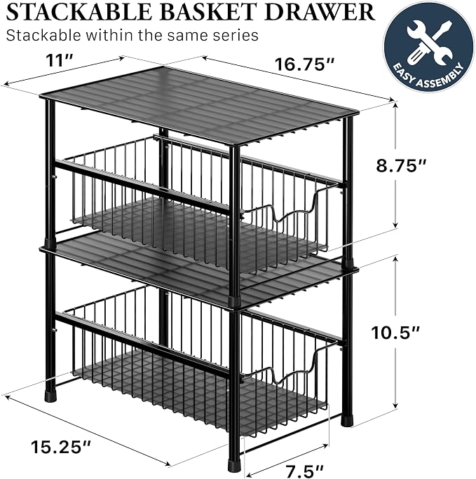 Simple Houseware Stackable Under Sink Cabinet Sliding Basket Organizer Drawer, Black