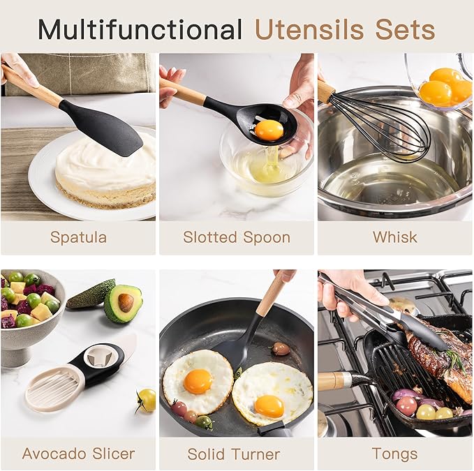 Astercook 39 PCS Kitchen Utensils Set, Silicone Cooking Utensil Sets with Wooden Handle, 446°F Heat Resistant Food Grade Spatula Set, BPA Free Kitchen Gadgets Tools Set & Spoons for Nonstick Cookware