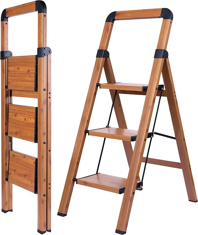 Step Ladder 3-Step Woodgrain Finish Aluminum Folding Ladders