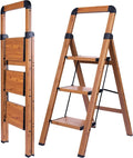 Step Ladder 3-Step Woodgrain Finish Aluminum Folding Ladders