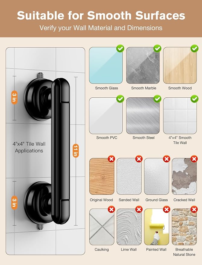 Grab Bars for Bathtubs and Showers, Shower Handles for the Elderly and People in Need, 2026 Upgraded Rubber Suction Cup with Maximum 350 lbs Suction Power, No Drilling-(Black-2 Pack)