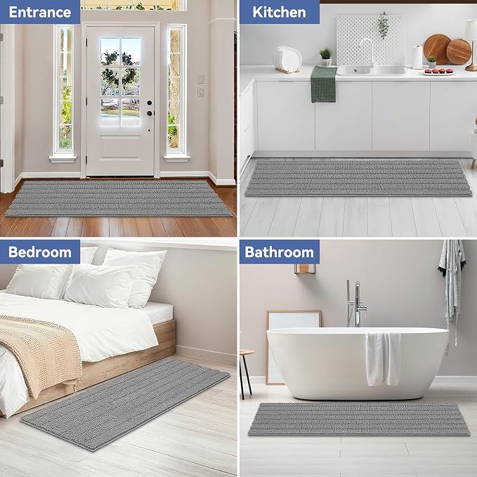 Bcoimo Long Bathroom Rug, Chenille Bath Runner with High Low Pile Design, Soft Absorbent Non Slip Bath Mat, Machine Washable Quick Dry Rug for Shower, Tub, Sink and Vanity