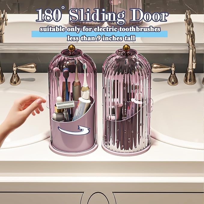 Toothbrush and Toothpaste Holders with Cover, All Pink | Waterproof and Dustproof, 360° Rotating Base, Smooth Sliding Door, 3 Slots, for Bathroom Countertop