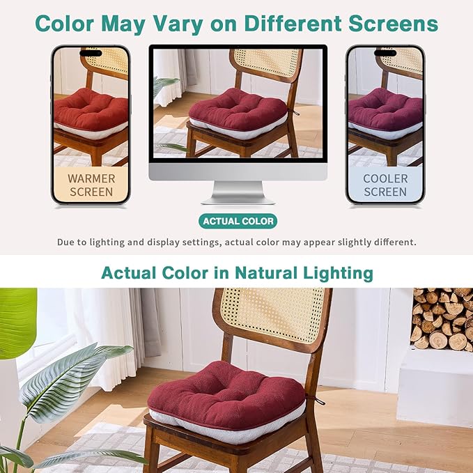 BETU Chair Cushions for Dining Chairs Set of 6,3.5" Thick Kitchen Table Chair Pads with Ties,Non Slip Backing and Covers, Home Decor Seat Cushion for Dining Room,Bar,Patio Chairs,15.5"X15.5"X3.5",Red