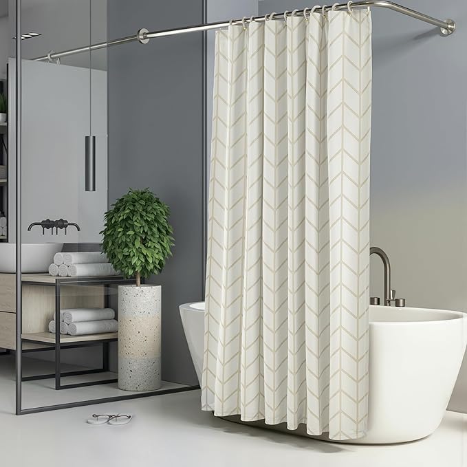 Amazon Basics Bathroom Shower Curtain, Water Resistant Fabric with Weighted Hem, Rust Resistant Grommets & Hooks, Machine Washable, 72"x72", Natural Herringbone