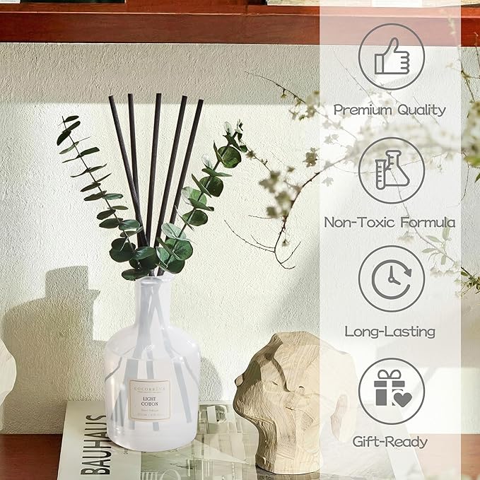 COCORRÍNA Light Cotton Reed Diffuser – 6.76 oz Essential Oil with 8 Reeds & Real Eucalyptus Sticks, Home Fragrance for Bedroom or Bathroom Décor