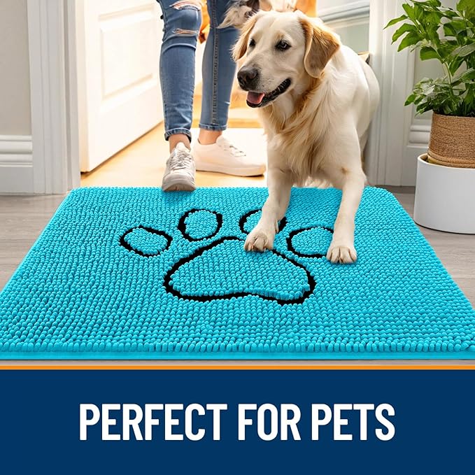 OLANLY Dog Door Mat for Muddy Paws 48x30, Paw Print Design, Absorbs Moisture and Dirt, Absorbent Non-Slip Washable Doormat, Quick Dry Chenille Mud Mat for Dogs, Entry Indoor Entryway Carpet, Aqua Blue