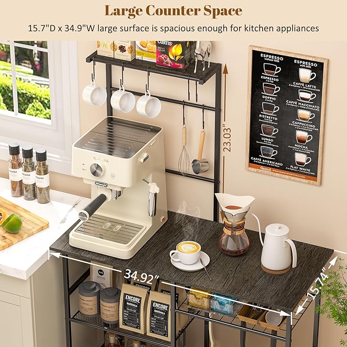 3IngSeagulls Baker's Rack for Kitchen with Storage, Microwave Stand with Adjustable Shelves, Kitchen Stand with 10 S Hooks, 6-Tier Coffee Bar Station, Storage Shelves for Spices, Pots, Gray