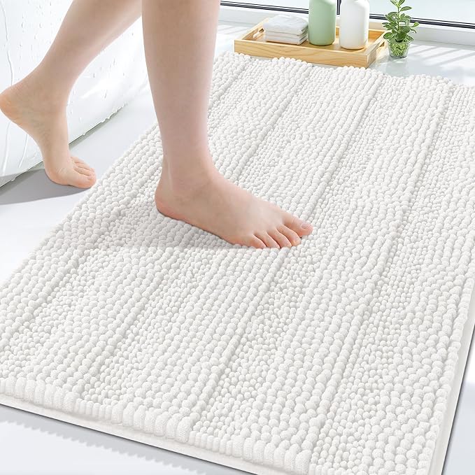 Grandaily Chenille Striped Bathroom Rugs 30x20, Extra Thick and Absorbent Bath Mats, Non-Slip Soft Plush Shaggy Shower Carpet, Machine Wash Dry, Bath Rug for Bathroom, (Medium, Cream)