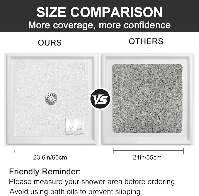 Extra Large Square Shower Mat for Inside Shower, 24 x 24 Inch Shower Floor Mat with Center Drain Hole, Designed for Walk-in Showers, Non-Slip Loofah Mat with Wide Coverage for Stable Standing