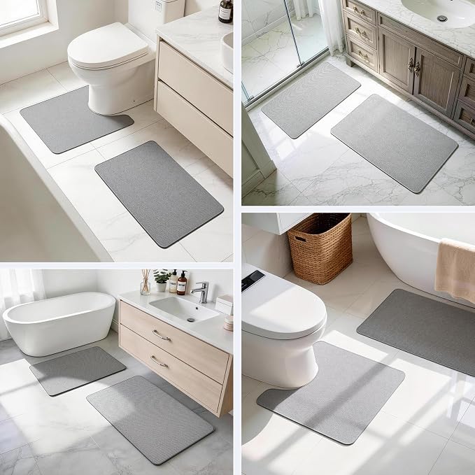Bathroom Rugs Sets 2 Piece, Thin Bath Mat & U-Shaped Contour Toilet Rug Absorbent Quick Dry, Machine Washable, Non Slip Low Pile Bath Mats for Bathroom/Tub/Sink/Shower (30"x20" Plus 24"x20" U, Grey)
