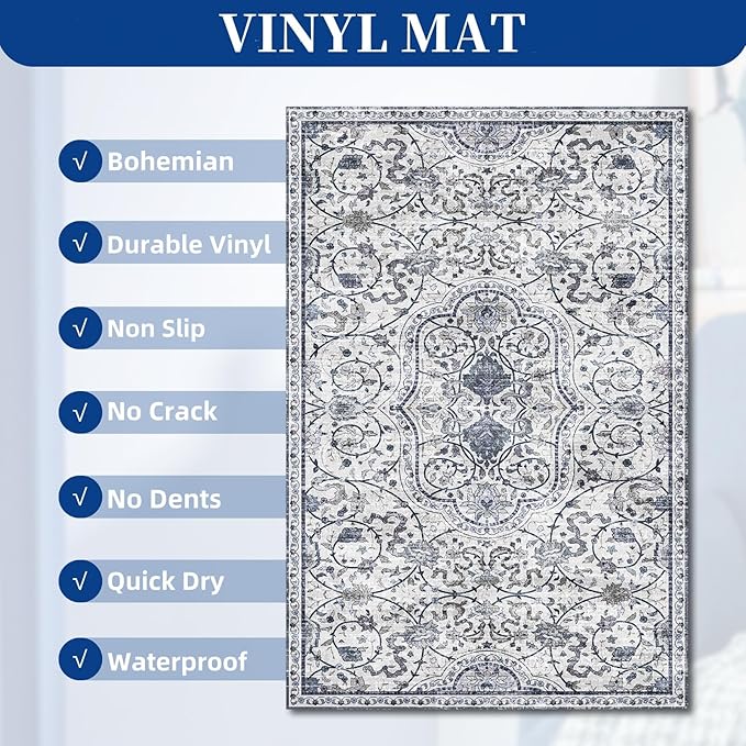 SALLOUS Floor Mat for Home, 5' x 7' Waterproof Area Rug for Living Room, Vinyl Area Rug for Bedroom, Slip Resistant Hard Floor Protector Mat for Kitchen, Bathroom, Entryway (Grayish Blue Bohemian)