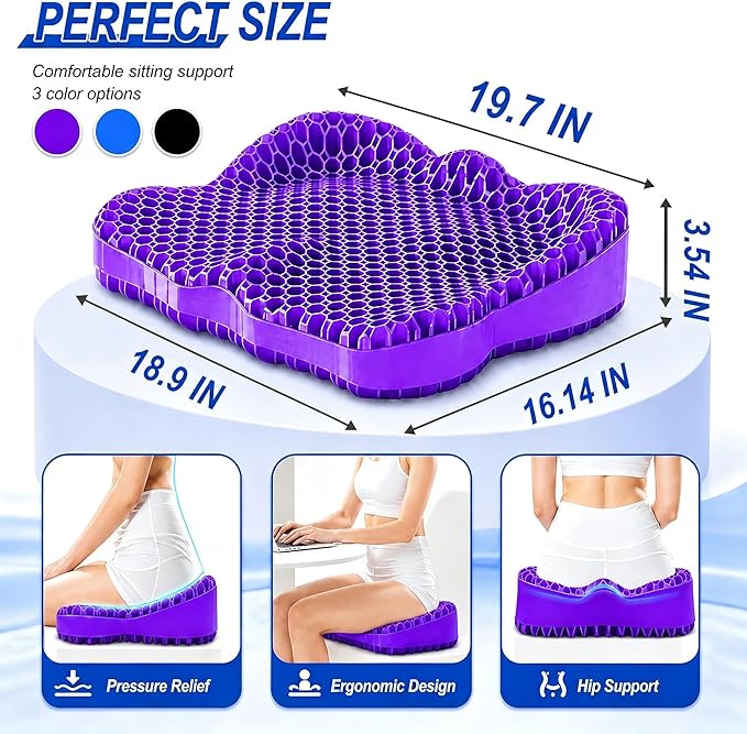 Thicken 19.7in Seat Cushion, Gel Seat Cushion for Long Sitting–Office Chair, Wheelchair, Car Pad, Large Cooling Support Pad for Back Pain, Sciatica, Tailbone Pain Relief