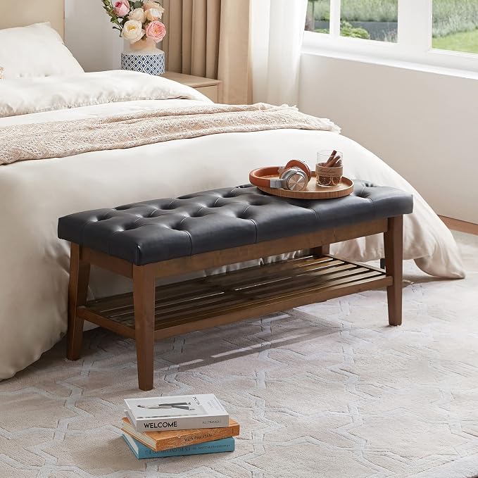 HUIMO Entryway Shoe Leather Bench, End of Bed Bench,PU Button-Tufted Indoor Bench,Ottoman Bench for Living Room, Padded Bench with Solid Wood Shelf,Kitchen Leather Seat Dining,Black