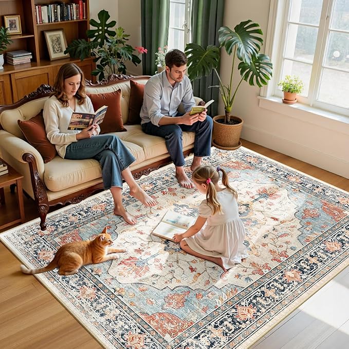 RELEANY Area Rugs 6'x9' Washable Non-Slip, Floral Vintage Distress Medallion Carpet for Living Room Bedroom Dining Room, Beige Navy Blue Orange Colorful
