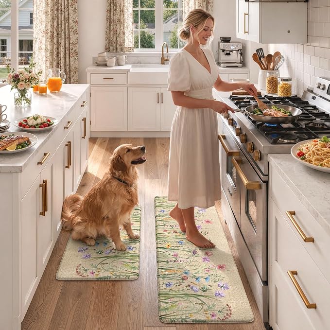 KIMODE Anti Fatigue Kitchen Mat, 17"x47"+17"x29" Floral Kitchen Rugs Sets of 2, Farmhouse Kitchen Floor Mats Non-Slip Cushioned, Comfort Standing Desk Mat for Sink, Laundry,Home Brown