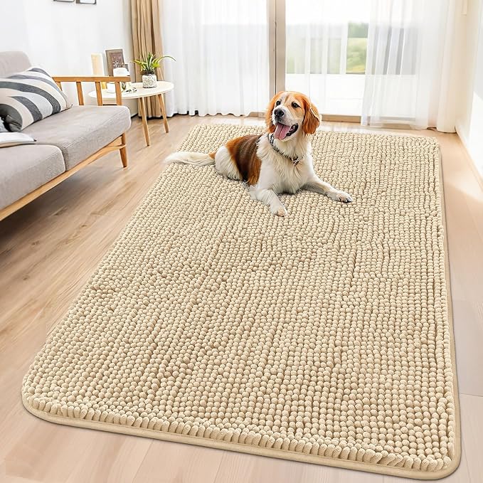 Smiry Dog Door Mat for Muddy Paws 59x35, Absorbent Dirt Trapper, Non-Slip Washable Chenille Entryway Rug for Inside Floor, Beige, Classic Solid