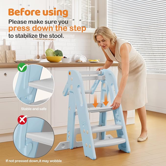 Onasti Adjustable Height Toddler Tower, Space Saving Kids Kitchen Step Stool with Removable Safety Net, Non-Slip Standing Platform for Toddlers 1.5-6 Years-Blue