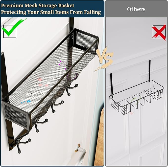 Consumest Over The Door Hooks Organizer - 2 Tier Over Door Hanger with 16 Hooks & 2 Baskets for Hanging Coat, Clothing, Towel, Back Storage for Bathroom, Closet, College Dorm, Black