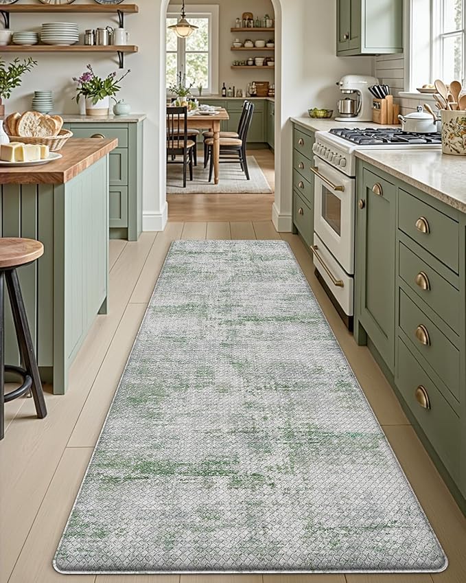 DEXI Kitchen Mats Cushioned Anti Fatigue, 23x86 Floor Padded Runner Rug Non Slip, Waterproof Standing Comfort Memory Foam for Front Sink Laundry, Green