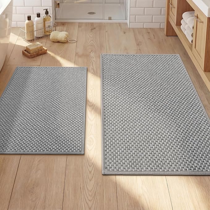 YIHOUSE Thin Bath Mat Grey Bathroom Rugs Sets 2 Pieces, Non Slip Absorbent Mats Quick Dry, Woven Rugs Washable, Tapetes para Baño for Bathroom Toliet,Bathtub(17"x24"+17"x32")