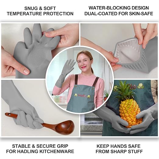 DABOGOSA Mamison 2 Pairs Reusable Waterproof Household Dishwashing Cleaning Rubber Gloves, Non-Slip Kitchen Glove (Grey, Large (Pack of 3))