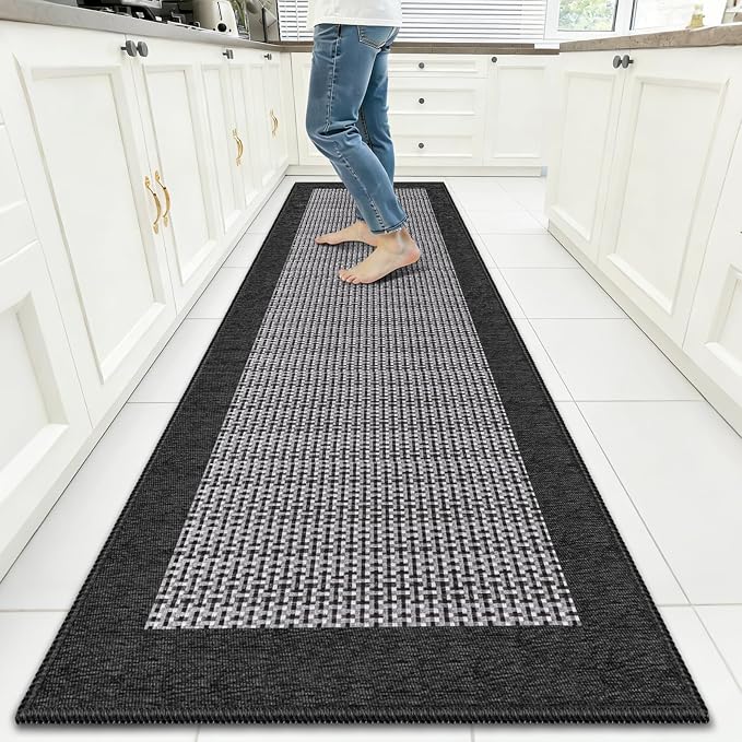 StepRite Kitchen Rugs, Kitchen Mats for Floor, 96"x24" Non-Slip Machine-Washable Kitchen Throw Rug, Absorbent Runner Rugs Office, Sink Standing Desk Mat, Decor Carpet, Black