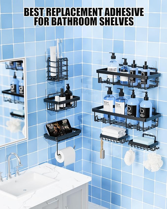 9 Pack Shower Caddy Adhesive Replacement, Strong Waterproof Transparent Adhesive Strips, No Drilling Shower Shelf Adhesive Hooks for Bathroom Shelves, Corner Basket, Soap Holder & Kitchen Racks