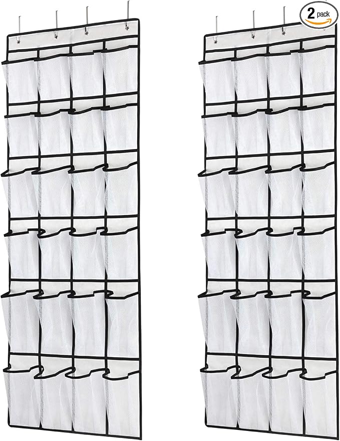 SAVERHO Hanging Shoe Organizer, Over The Door Shoe Organizer with 24 Mesh Large Pockets Door Shoe Rack for Men Women Kids Hanging Door Shoe Holder Size:58x21 Inch (White-2pack)