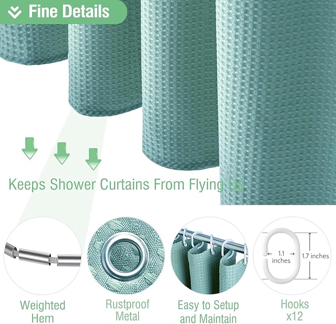 Dynamene Teal Fabric Shower Curtain for Bathroom - Waffle Weave Heavy Duty Cloth , 256GSM Hotel Luxury Weighted Polyester Bath Curtain Set with 12 Plastic Hooks,72x72, Teal/Turquoise