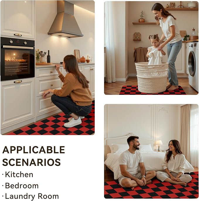 Black Red Christmas Checkered Grid Checkerboard Kitchen Rug Sets [2 PCs], Anti-Fatigue, Waterproof Non-Slip Kitchen Mats Heavy Duty Comfort Foam Rug for Kitchen, Floor, Laundry,17"x29"+17"x47"