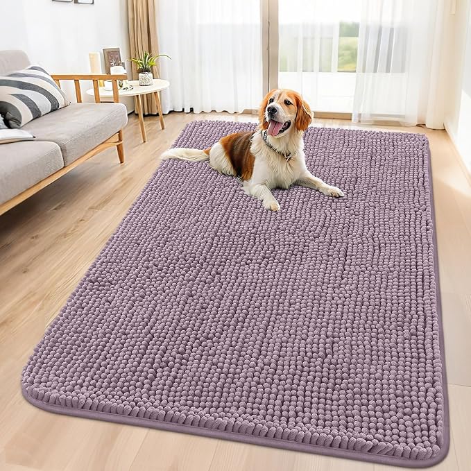Smiry Dog Door Mat for Muddy Paws 59x35, Absorbent Dirt Trapper, Non-Slip Washable Chenille Entryway Rug for Inside Floor, Deep Plum, Classic Solid